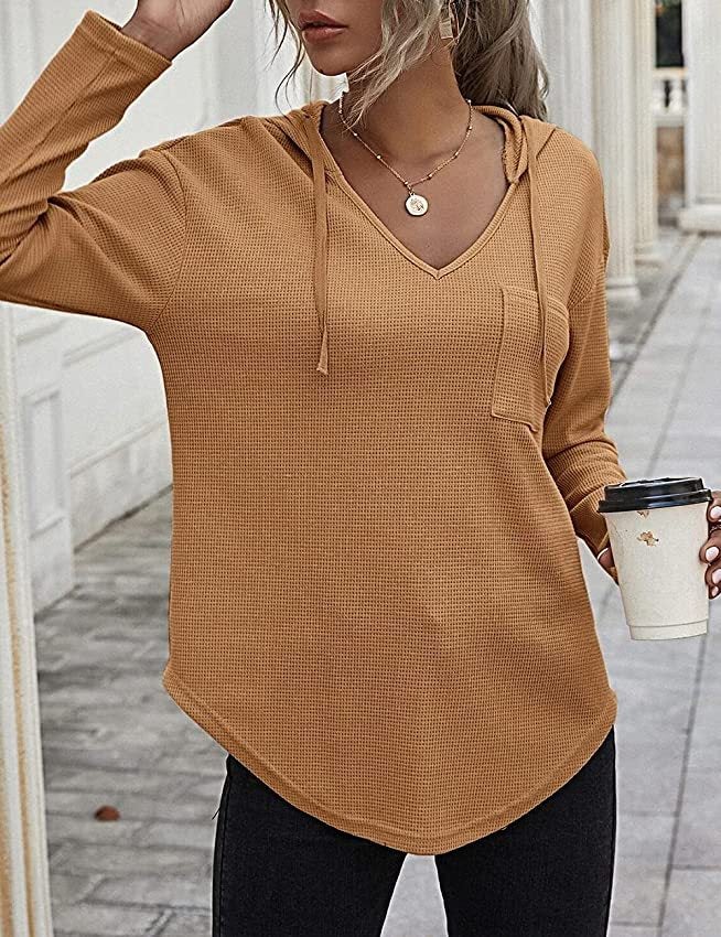 Womens V-Neck Hoodie Waffle Knit Sweatshirt with Pockets CAMEL 