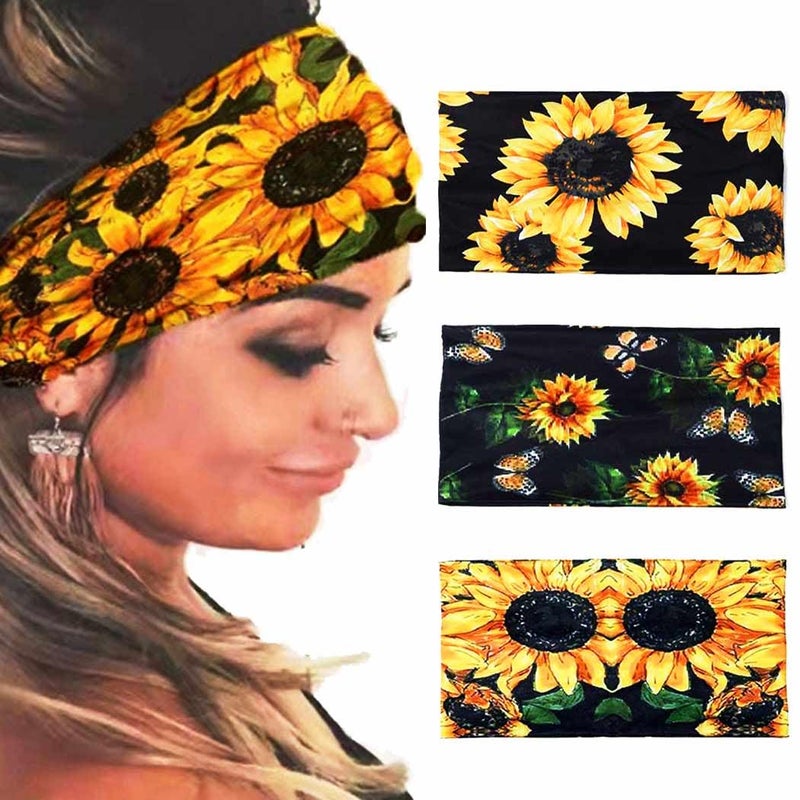 GORTIN Gortin Boho Headbands Sunflower Wide Hair Bands Turban Head Wraps Stretch Yoga Head Band African Workout Head Scarf for Women and Girls Pack of 3 Set 1