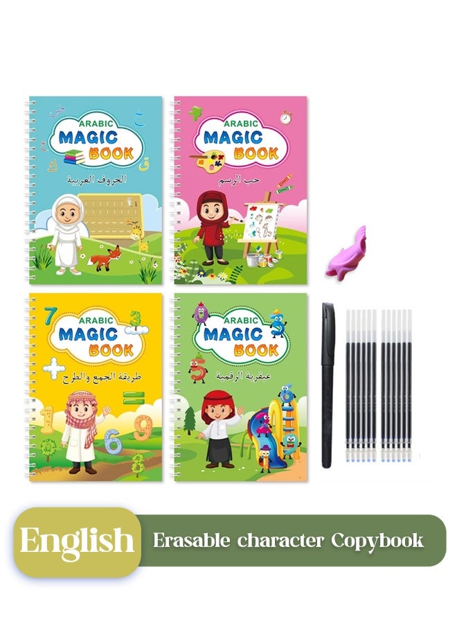 Handwriting Copybook Magic Calligraphy Practice Book For Kids,Reusable Tracing Practice kit.Included Easy Grip Pen & Refill 4 books Math Numbers English Alphabet Drawing (A4) - Image 1