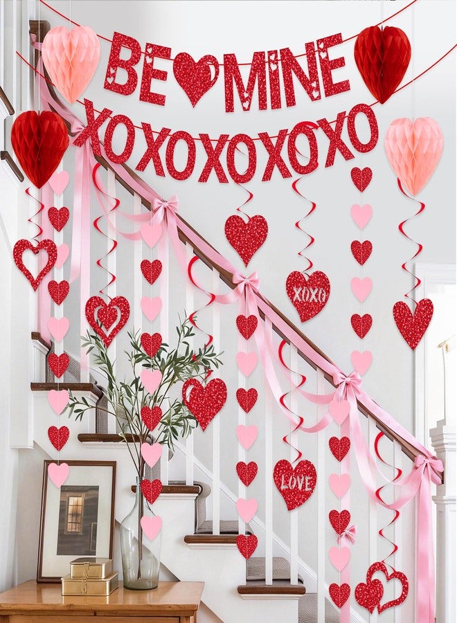 زينة عيد الحب جاهزة للتعليق، لافتة حمراء مكتوب عليها "كن لي XO"، أكاليل قلوب، زينة حلزونية معلقة، وزينة على شكل خلية نحل على شكل قلب، لوازم الحفلات، ديكور عيد الحب، ديكور المنزل، ذكرى الزواج، غرفة النوم - Image 1