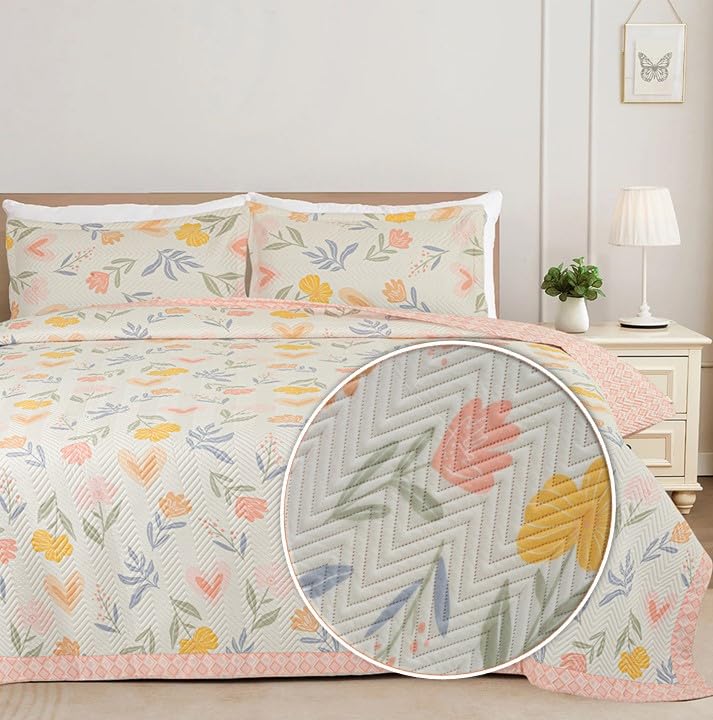VAS COLLECTIONS Ultrasonic Bedcover Bedsheet Quilt Bedspread with 2 King Size Pillow Covers 90 x 100 inches Floral Printed Decorative Bed Cover King Size (Off White & Pink) - Image 1