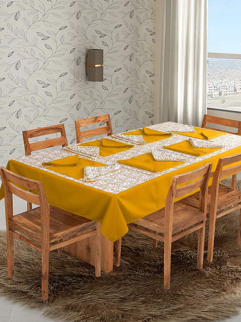 Dekor World Cotton Printed Table Cover with 4 Place Mat & 8 Napkin for Dining Table (Yellow, Table Cover (8 Seater)) - Image 1