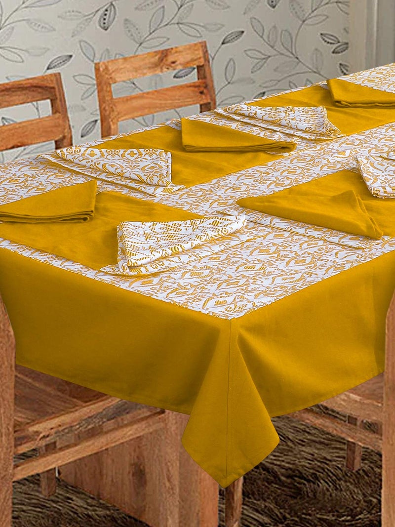 Dekor World Cotton Printed Table Cover with 4 Place Mat & 8 Napkin for Dining Table (Yellow, Table Cover (8 Seater)) - Image 2