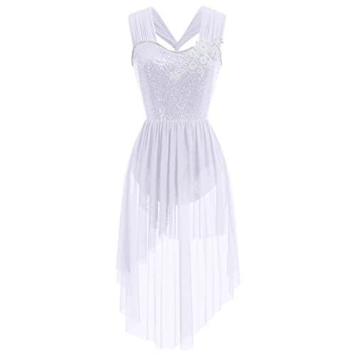 AFAVOM Sequin Flower Lyrical Dance Dress for Women Adult Contemporary Dance Costume Halter Backless Cross Straps Leotard with High Low Flowy Mesh Skirt Lyrical Dancewear Ballet Outfit White S - Image 1