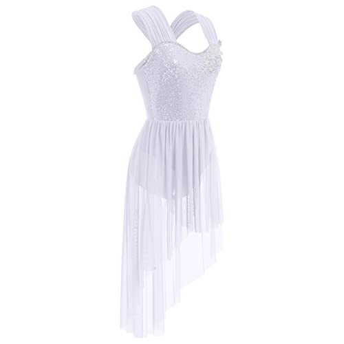 AFAVOM Sequin Flower Lyrical Dance Dress for Women Adult Contemporary Dance Costume Halter Backless Cross Straps Leotard with High Low Flowy Mesh Skirt Lyrical Dancewear Ballet Outfit White S - Image 3