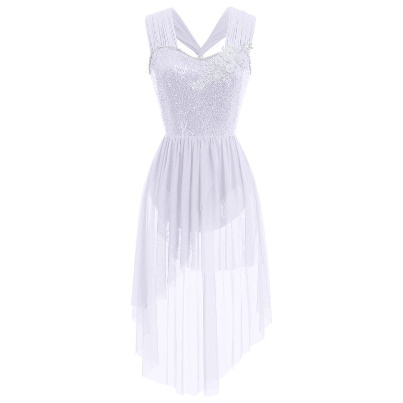 AFAVOM Sequin Flower Lyrical Dance Dress for Women Adult Contemporary Dance Costume Halter Backless Cross Straps Leotard with High Low Flowy Mesh Skirt Lyrical Dancewear Ballet Outfit White S - Image 2