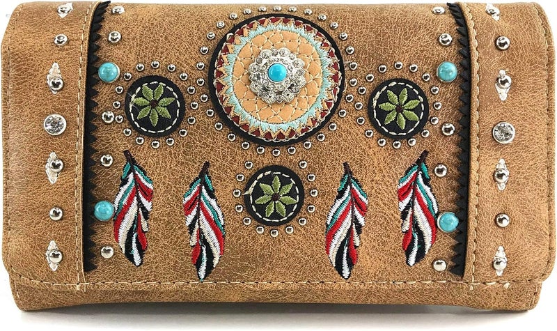 Zelris Store Tribal Native Dream Catcher Feather Concho Embroidered Crossbody Fold Wallet - Image 1