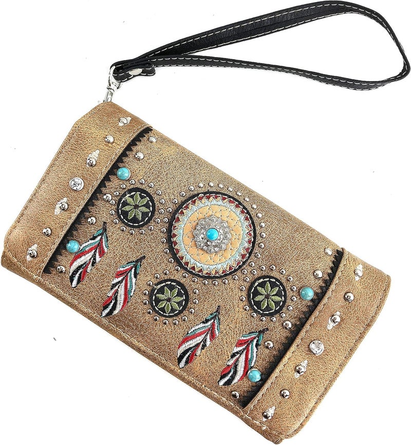 Zelris Store Tribal Native Dream Catcher Feather Concho Embroidered Crossbody Fold Wallet - Image 2