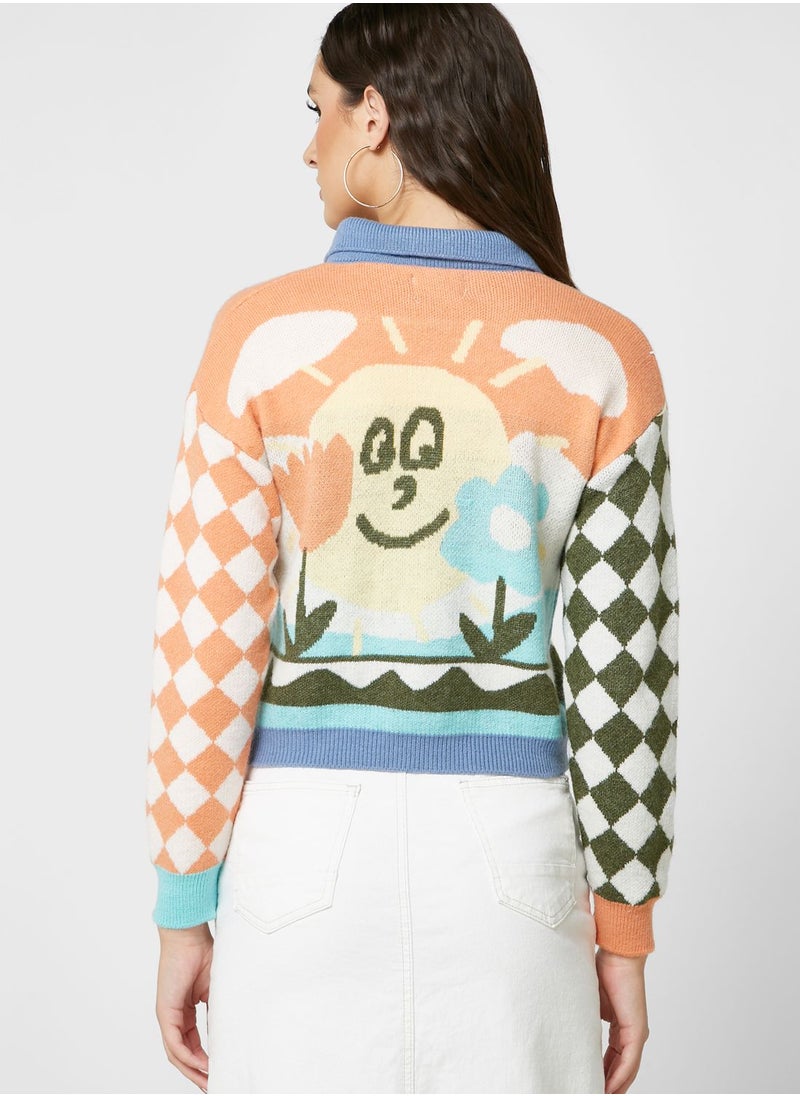 Ginger - Scenery Print Intarsia Cardigan - Image 1