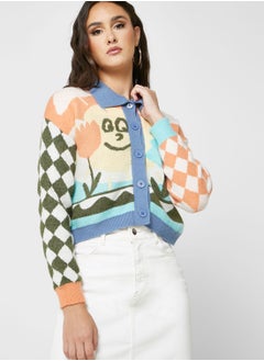 Scenery Print Intarsia Cardigan