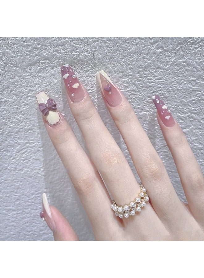 Goolsky Aurora Glitter 3D Bow Press-on Nails in White & Deep Blue for High-Fashion Charm - Image 1