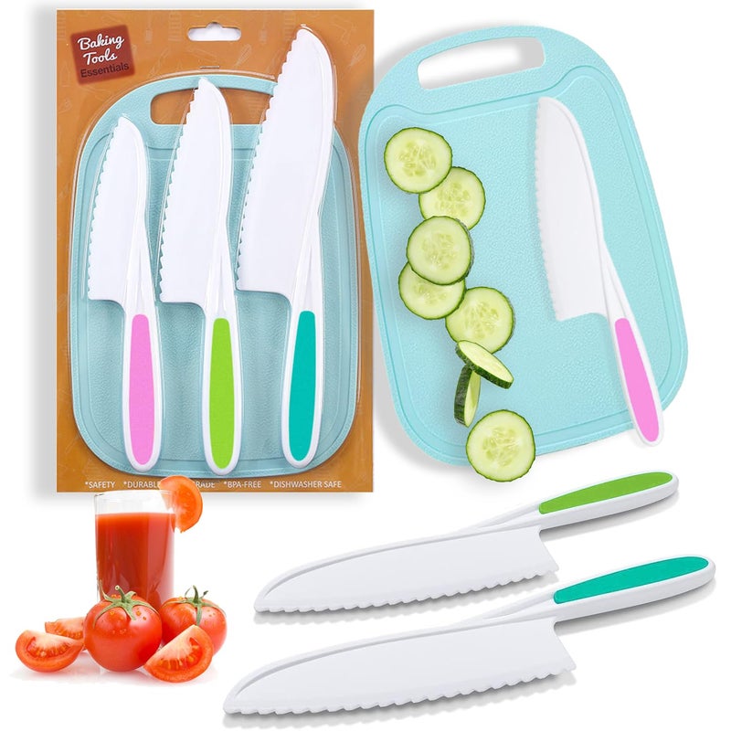 GONEJALL Kids Knife Set for Real Cooking, 4 Pieces Toddler Knife Set, Nylon Kitchen Baking Knife with Cutting Board, Firm Grip, Serrated Edges Kids Knives for Cutting Cakes, Fruit, Veggies & Bread - Image 1