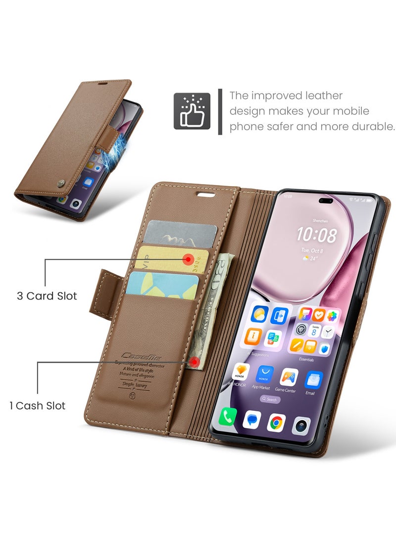 CaseMe Phone Case Luxury PU Leather Design Anti Fingerprint 023 Flip Cover Card Slot Holder Cover For Honor x9c / Honor x60 Pro (Brown) - Image 2