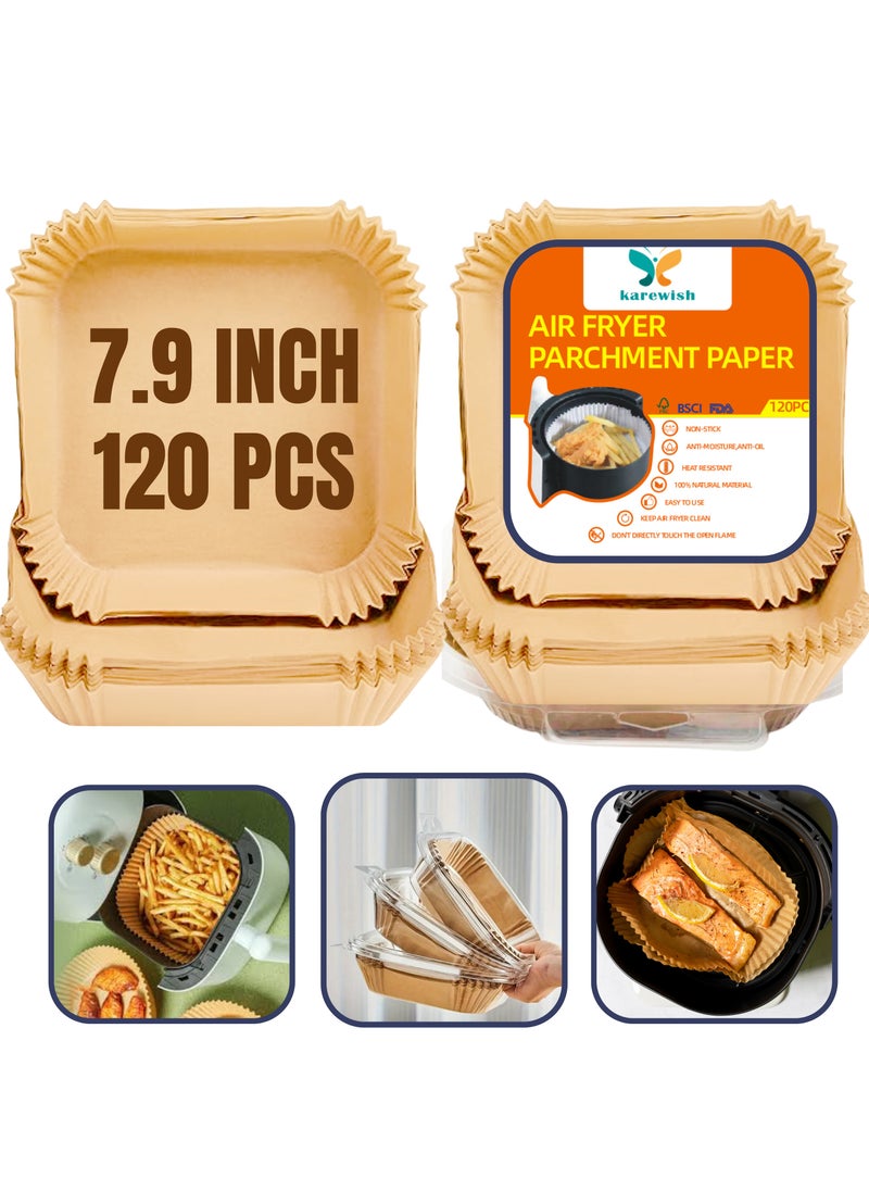 Karewish KAREWISH Air Fryer Disposable Paper Liner-Non Stick, Oil proof Parchment Paper for Oven, Microvawe Baking & Roasting, Air Fryer Dishes Baking Paper 120pcs Square 7.8inch/20cm  - Image 1