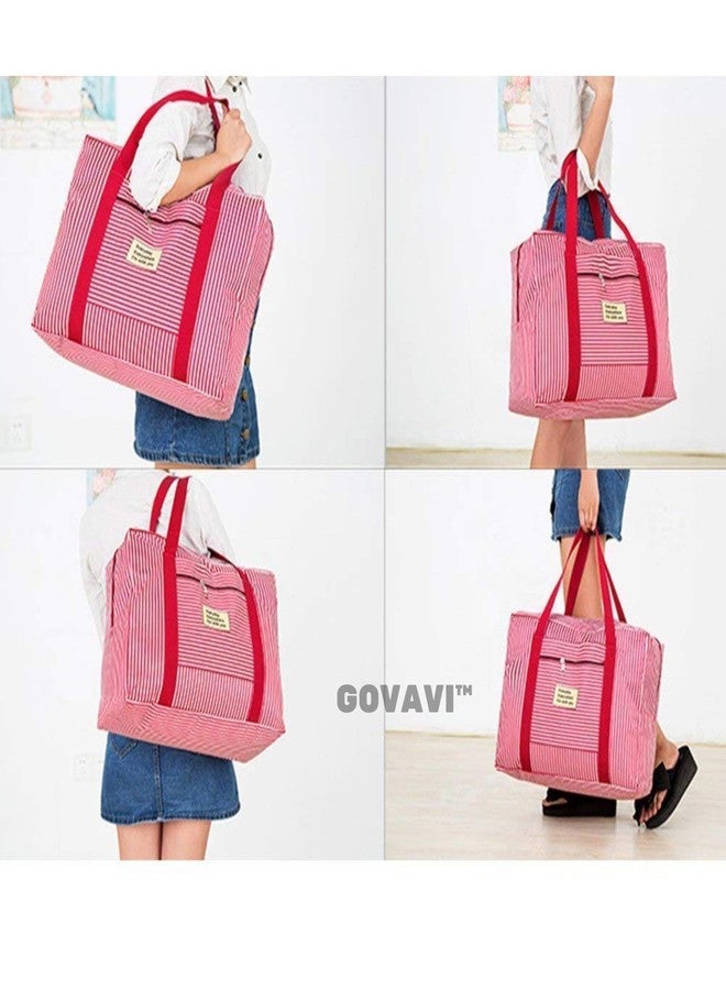 GOVAVI™ Large Capacity Folding Travel Bag Lightweight Waterproof Carry Luggage Bag Travel Duffle Handbags Travelling Bag Sport Weekend Shopping Luggage Bag Gym Bag for Women and Men (Pink and White) - Image 4