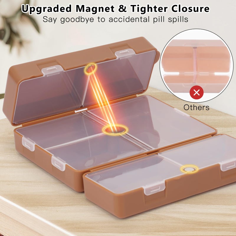 FYY 2 Pcs Daily Pill Organizer, 7 Compartments Portable Pill Case Travel Pill Organizer,[Folding Design] Pill Box for Purse Pocket to Hold Vitamins,Cod Liver Oil,Supplements and Medication-Brown - Image 4