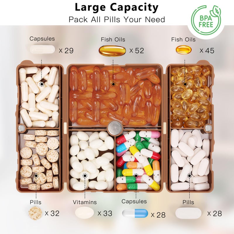 FYY 2 Pcs Daily Pill Organizer, 7 Compartments Portable Pill Case Travel Pill Organizer,[Folding Design] Pill Box for Purse Pocket to Hold Vitamins,Cod Liver Oil,Supplements and Medication-Brown - Image 2