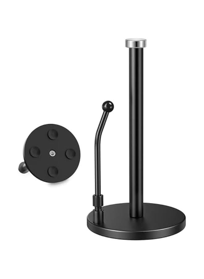 HOOKOR Paper Towel Holder, Paper Towel Dispenser Standing Weighted Base Non Slip, Spring Arm for Easy Tear, Stainless Steel Paper Towel Holder for Home Kitchen Countertop Tabletop (Black)  - Image 1