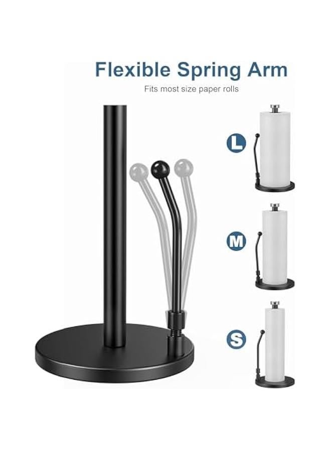 HOOKOR Paper Towel Holder, Paper Towel Dispenser Standing Weighted Base Non Slip, Spring Arm for Easy Tear, Stainless Steel Paper Towel Holder for Home Kitchen Countertop Tabletop (Black)  - Image 3