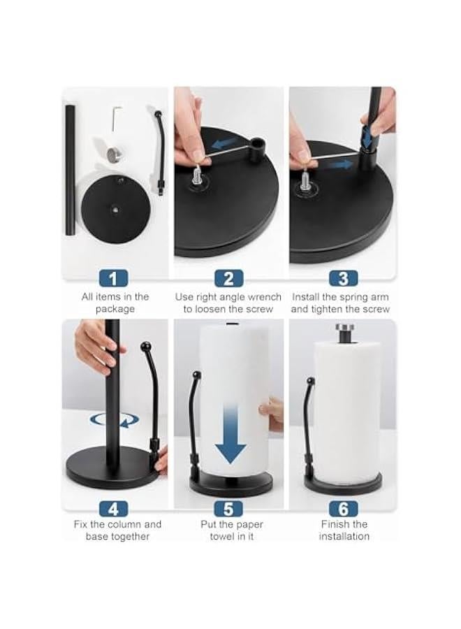 HOOKOR Paper Towel Holder, Paper Towel Dispenser Standing Weighted Base Non Slip, Spring Arm for Easy Tear, Stainless Steel Paper Towel Holder for Home Kitchen Countertop Tabletop (Black)  - Image 4