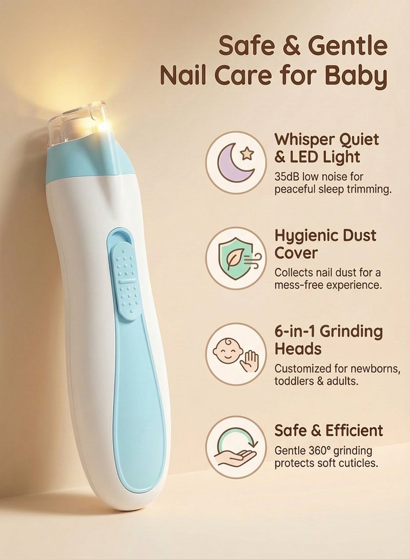 MOMORE Gentle Baby Electric Nail Trimmer With LED Light And Dust Cover, 6 Grinding Head Replacement Pads, Blue - Image 2