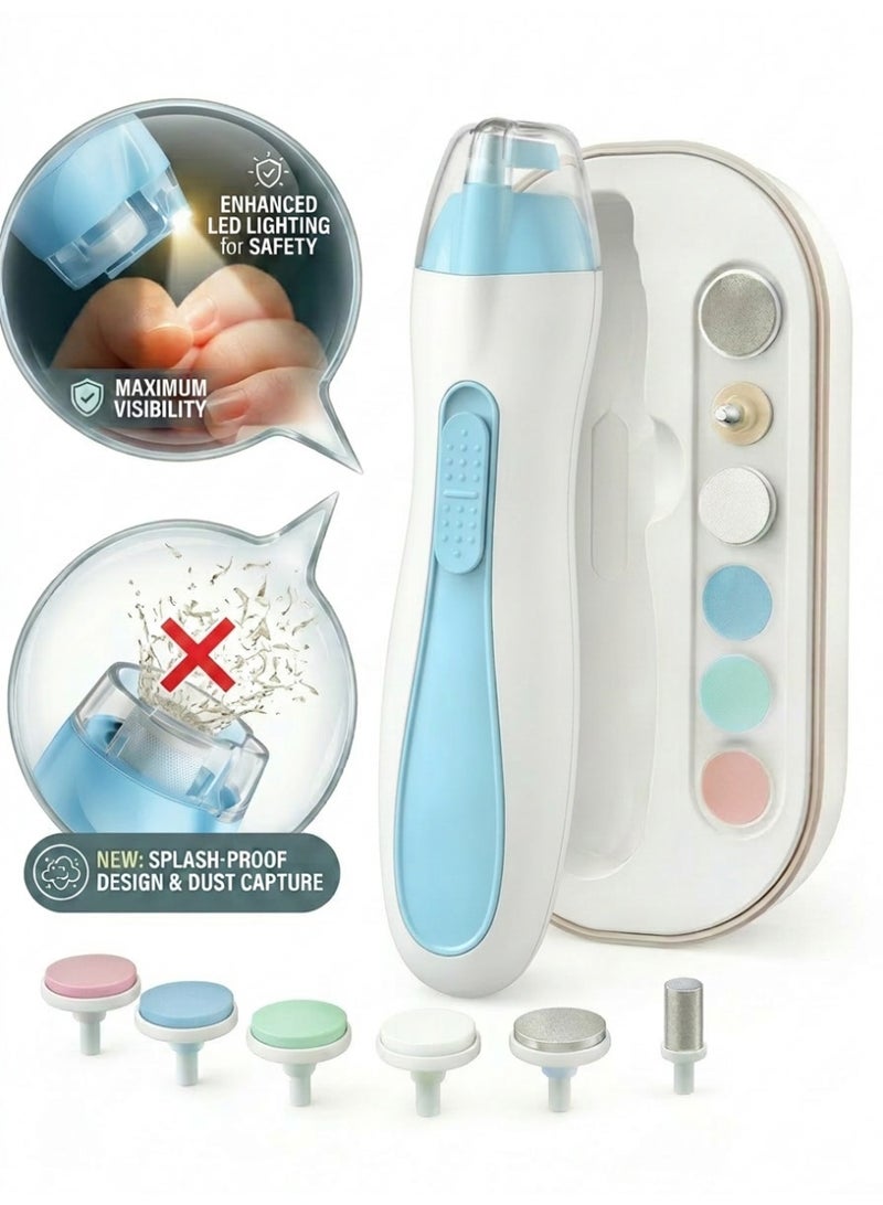 MOMORE Gentle Baby Electric Nail Trimmer With LED Light And Dust Cover, 6 Grinding Head Replacement Pads, Blue - Image 1