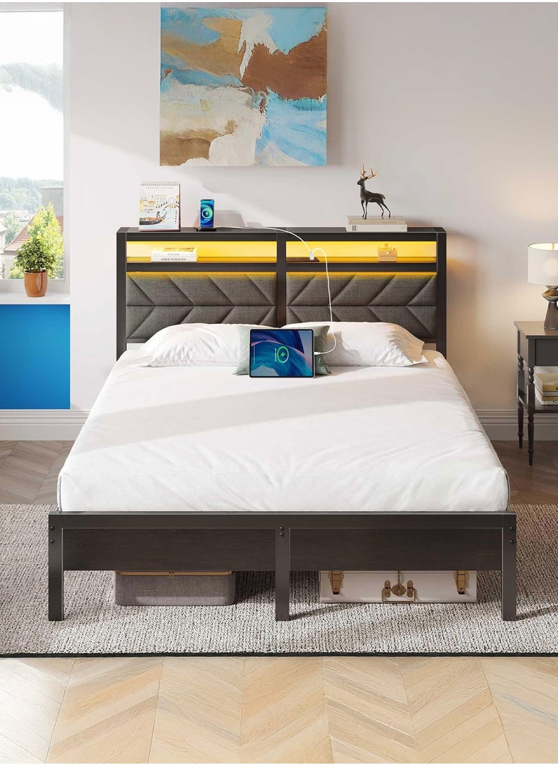 Yanara - Yanara Queen Size Bed Frame (160cm) - LED Upholstered Storage Headboard with Charging Station | Sturdy Metal Platform with Under Bed Storage | Noise Free, Easy Assembly | No Box Spring Needed - Image 1