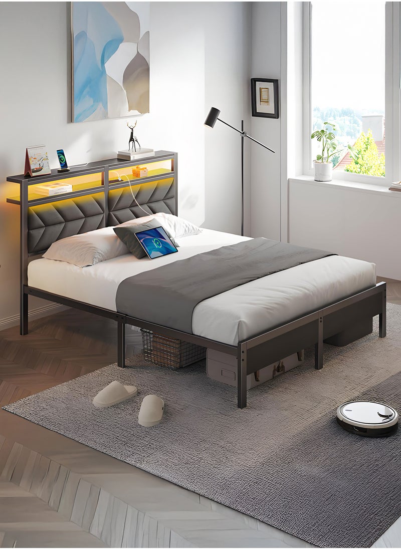 Yanara - Yanara Queen Size Bed Frame (160cm) - LED Upholstered Storage Headboard with Charging Station | Sturdy Metal Platform with Under Bed Storage | Noise Free, Easy Assembly | No Box Spring Needed - Image 1