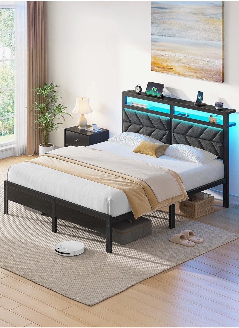 Yanara - Yanara Queen Size Bed Frame (160cm) - LED Upholstered Storage Headboard with Charging Station | Sturdy Metal Platform with Under Bed Storage | Noise Free, Easy Assembly | No Box Spring Needed - Image 1