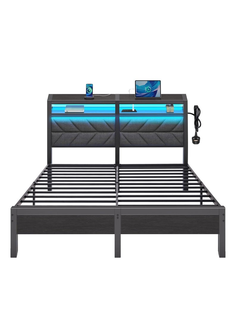 Yanara - Yanara Queen Size Bed Frame (160cm) - LED Upholstered Storage Headboard with Charging Station | Sturdy Metal Platform with Under Bed Storage | Noise Free, Easy Assembly | No Box Spring Needed - Image 1