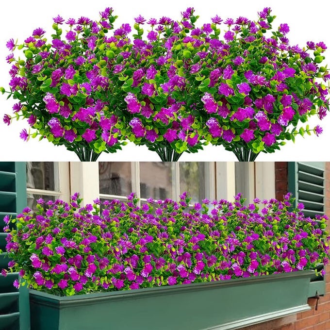 8 BUNDLES OUTDOOR ARTIFICIAL FAKE FLOWERS NO FADE UV RESISTANT FAUX PLASTIC PLANTS FOR HANGING PLANTER PATIO YARD WEDDING INDOOR HOME KITCHEN FARMHOUSE DCOR FUCHSIA