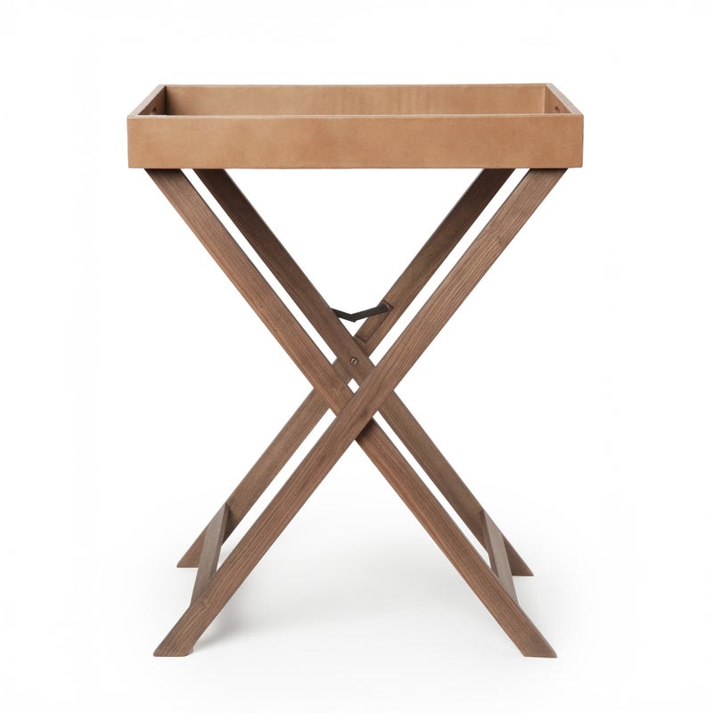 Homez Metal Zeta Folding Tray With Leather Stand, Light Brown 60*40*76Cm - Image 1