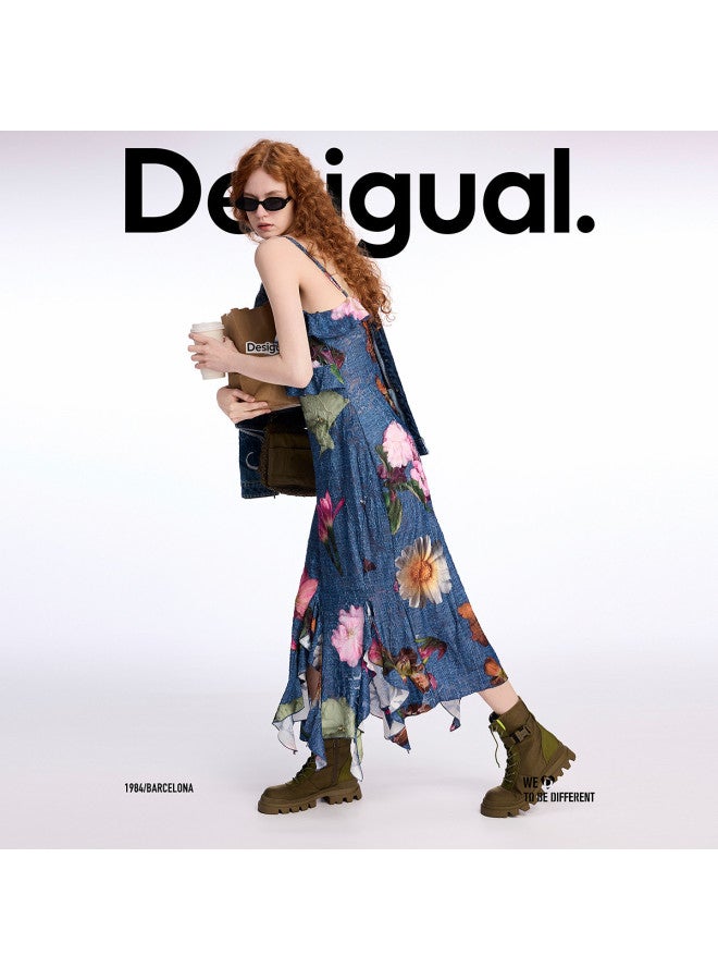 DESIGUAL فستان مزخرف بأزهار جديد بتصميم 25ss مع حمالات مزخرفة - Image 5