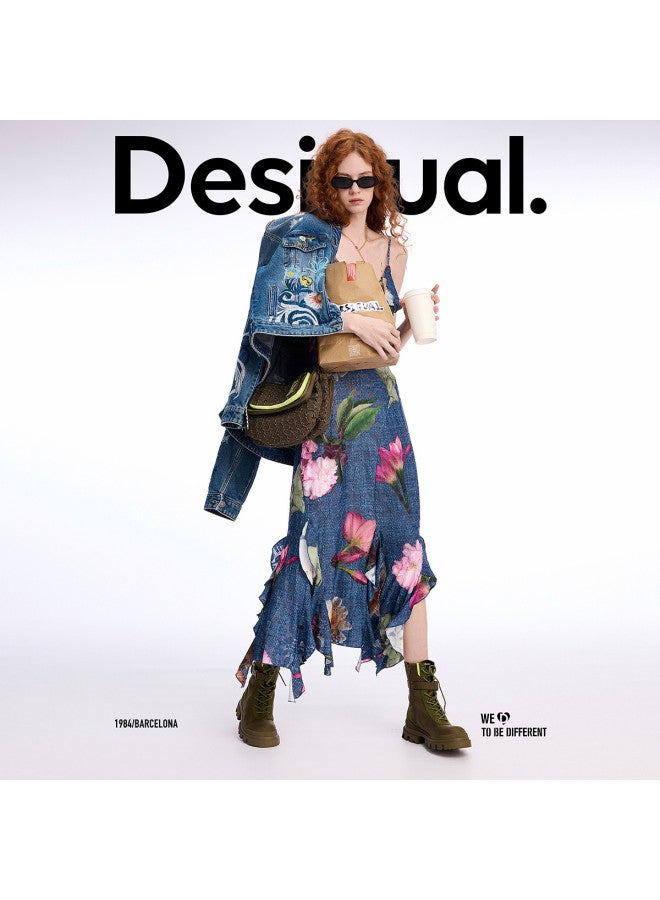 DESIGUAL فستان مزخرف بأزهار جديد بتصميم 25ss مع حمالات مزخرفة - Image 4
