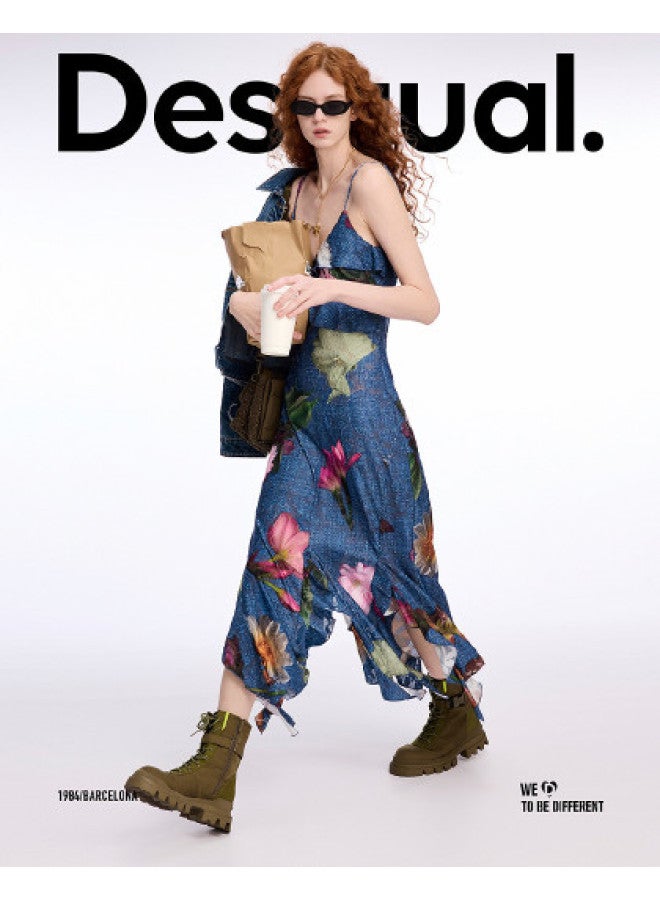 DESIGUAL فستان مزخرف بأزهار جديد بتصميم 25ss مع حمالات مزخرفة - Image 1