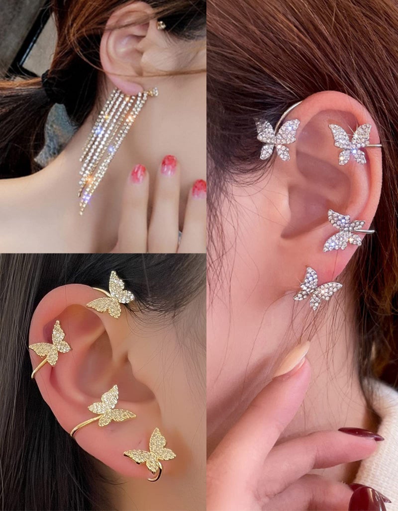 Tornito 17Pcs Ear Cuffs Chain Earrings Snake Butterfly Leaf Non Piercing Clip on Earring Fake Helix Cartilage Earrings Ear Clip Jewelry Silver Tone - Image 4