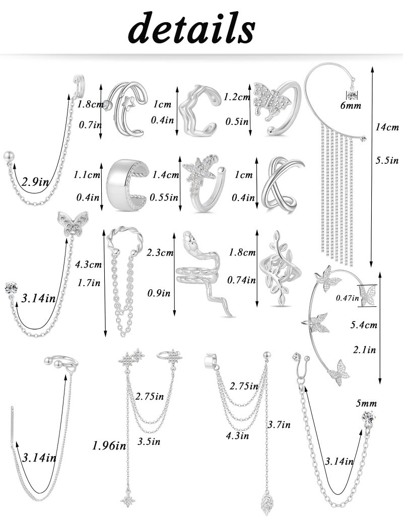 Tornito 17Pcs Ear Cuffs Chain Earrings Snake Butterfly Leaf Non Piercing Clip on Earring Fake Helix Cartilage Earrings Ear Clip Jewelry Silver Tone - Image 2