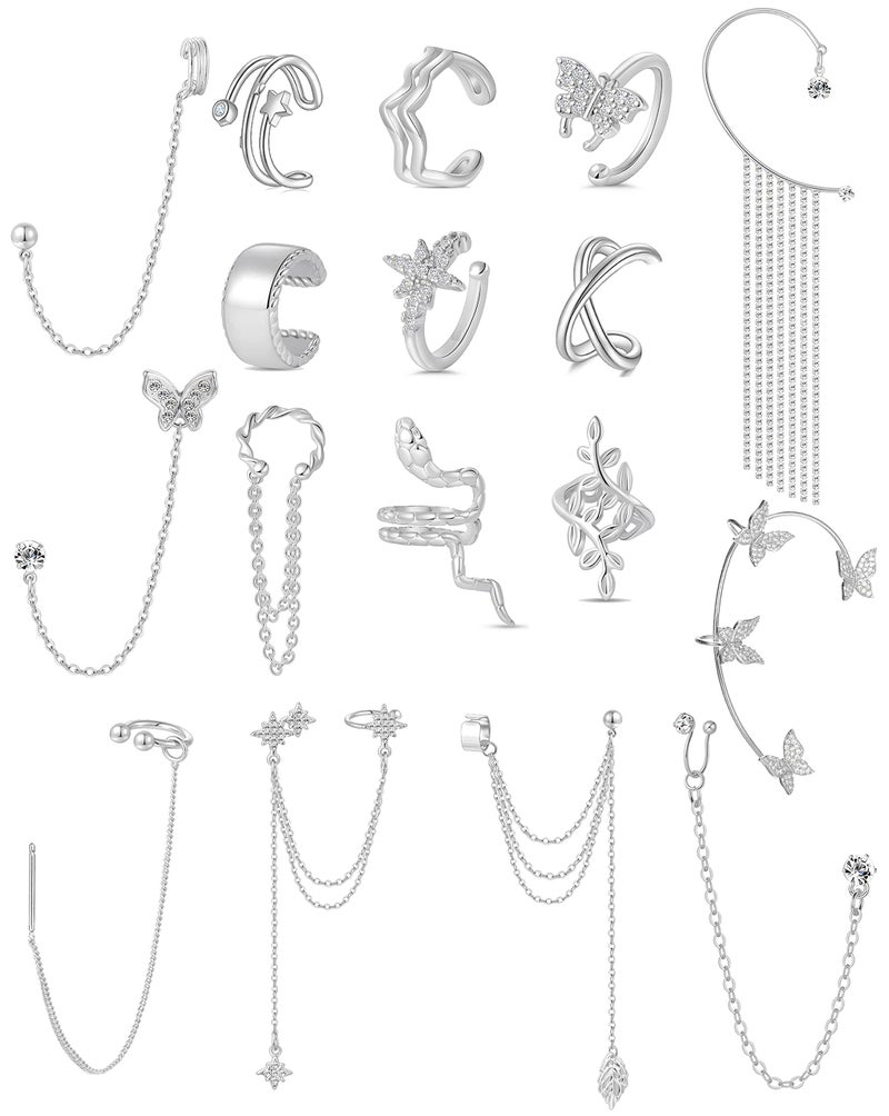 Tornito 17Pcs Ear Cuffs Chain Earrings Snake Butterfly Leaf Non Piercing Clip on Earring Fake Helix Cartilage Earrings Ear Clip Jewelry Silver Tone - Image 1