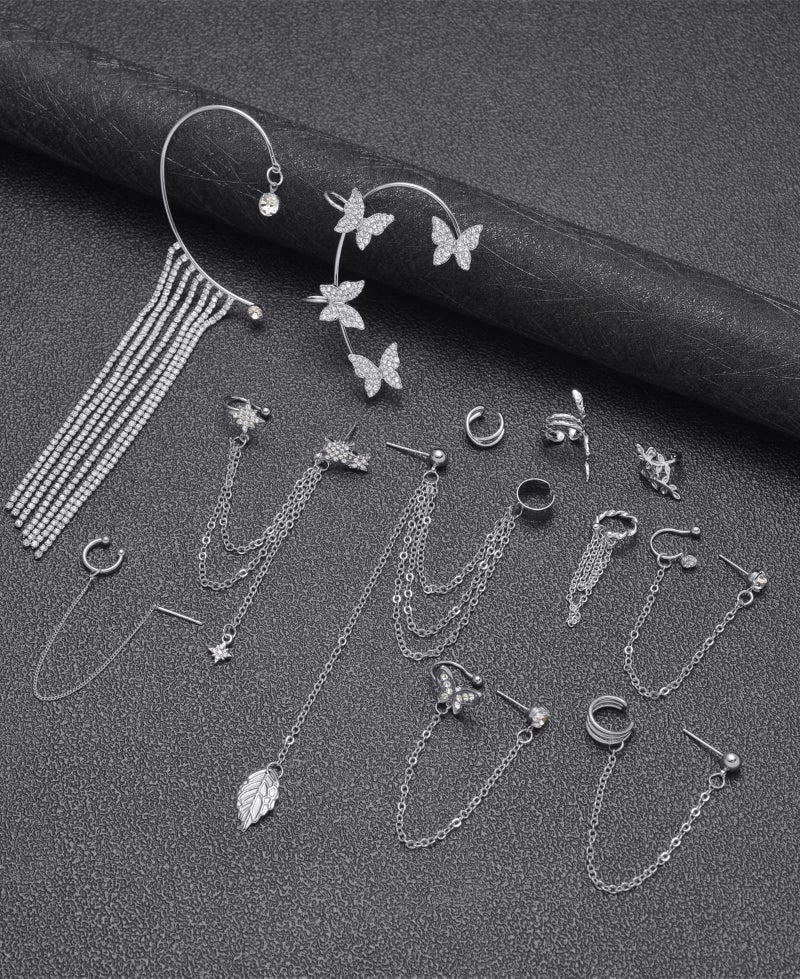 Tornito 17Pcs Ear Cuffs Chain Earrings Snake Butterfly Leaf Non Piercing Clip on Earring Fake Helix Cartilage Earrings Ear Clip Jewelry Silver Tone - Image 5