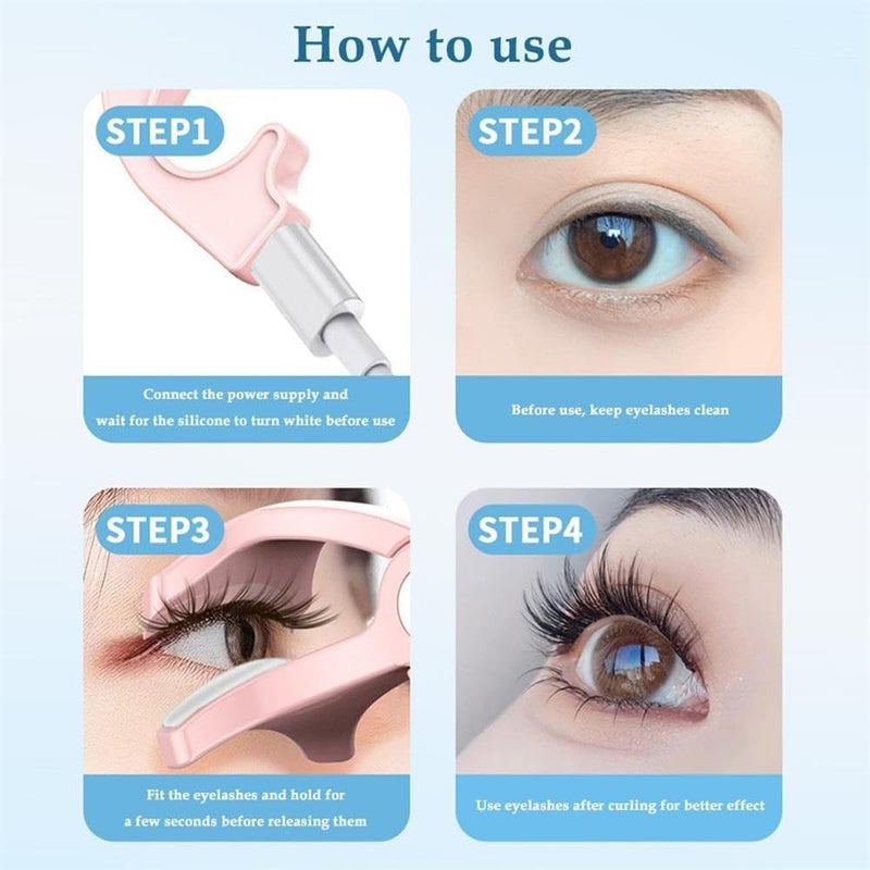 مكواة رموش ساخنة، تسخين سريع في 30 ثانية، شحن نوع C، درجة حرارة ثابتة 65°C±15°C، مكواة رموش محمولة بدون سلك للحصول على تجاعيد طبيعية تدوم طويلاً (أبيض + وردي) - Image 5
