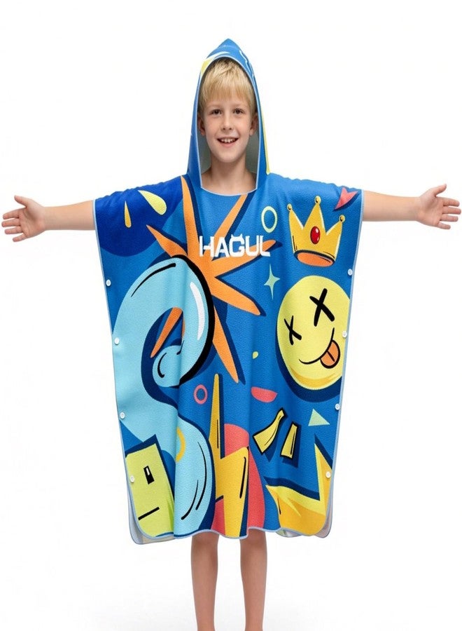 HAGUL Kids Hooded Beach Poncho, 75×80cm, Fun Cartoon Graphic Design, Quick-Dry Lightweight Swim Towel for Pool, Beach & Vacation (Ages 9-12) (Blue, Large) - Image 1