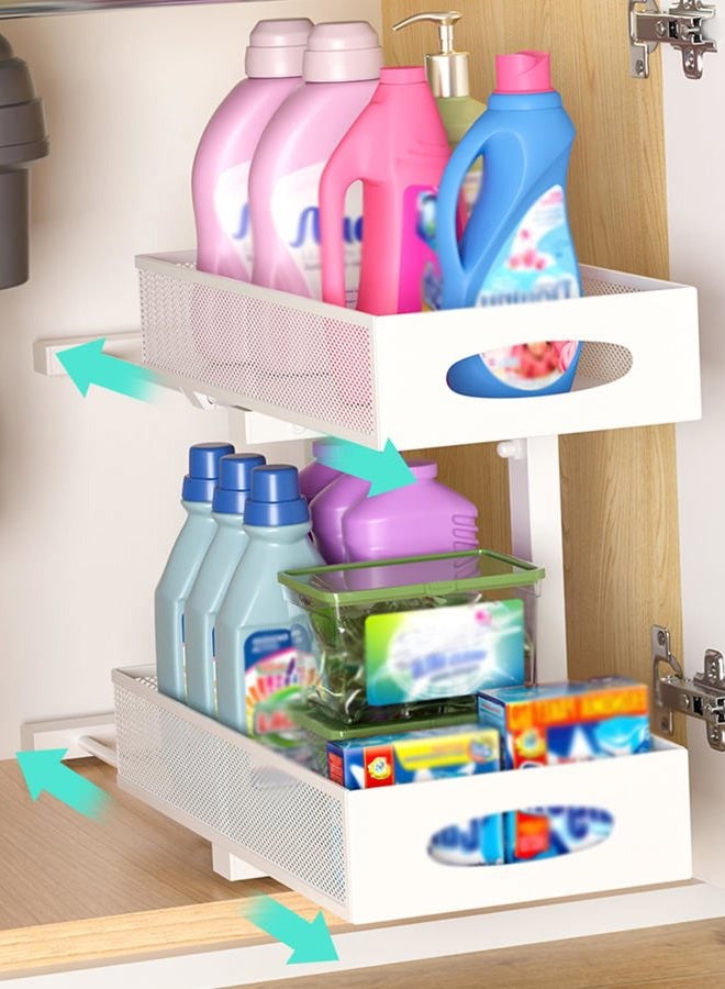 Beleeb Under Sink Organizer, 1 Pack 2 Tier Metal Slide Out Pull Out Cabinet Organizer Shelf, Height Adjustable Organization and Storage Series, Bathroom/Desktop/Cabinet/Kitchen organization, White - Image 1