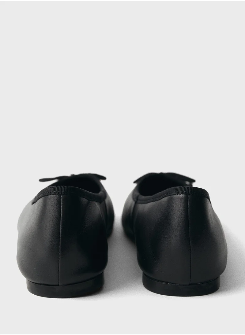 MANGO Leather Ballet Flats With Bow