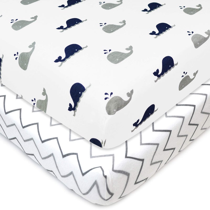TL Care 2 Pack 100% Natural Cotton Fitted Pack and Play Sheets 39" x 27" - Soft & Breathable Pack N Play Sheets for Playard & Mini Crib Mattress, Navy Whale/Gray Zigzag, for Boys & Girls - Image 1
