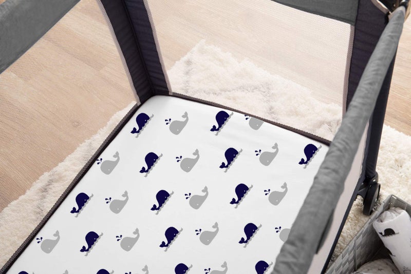 TL Care 2 Pack 100% Natural Cotton Fitted Pack and Play Sheets 39" x 27" - Soft & Breathable Pack N Play Sheets for Playard & Mini Crib Mattress, Navy Whale/Gray Zigzag, for Boys & Girls - Image 5
