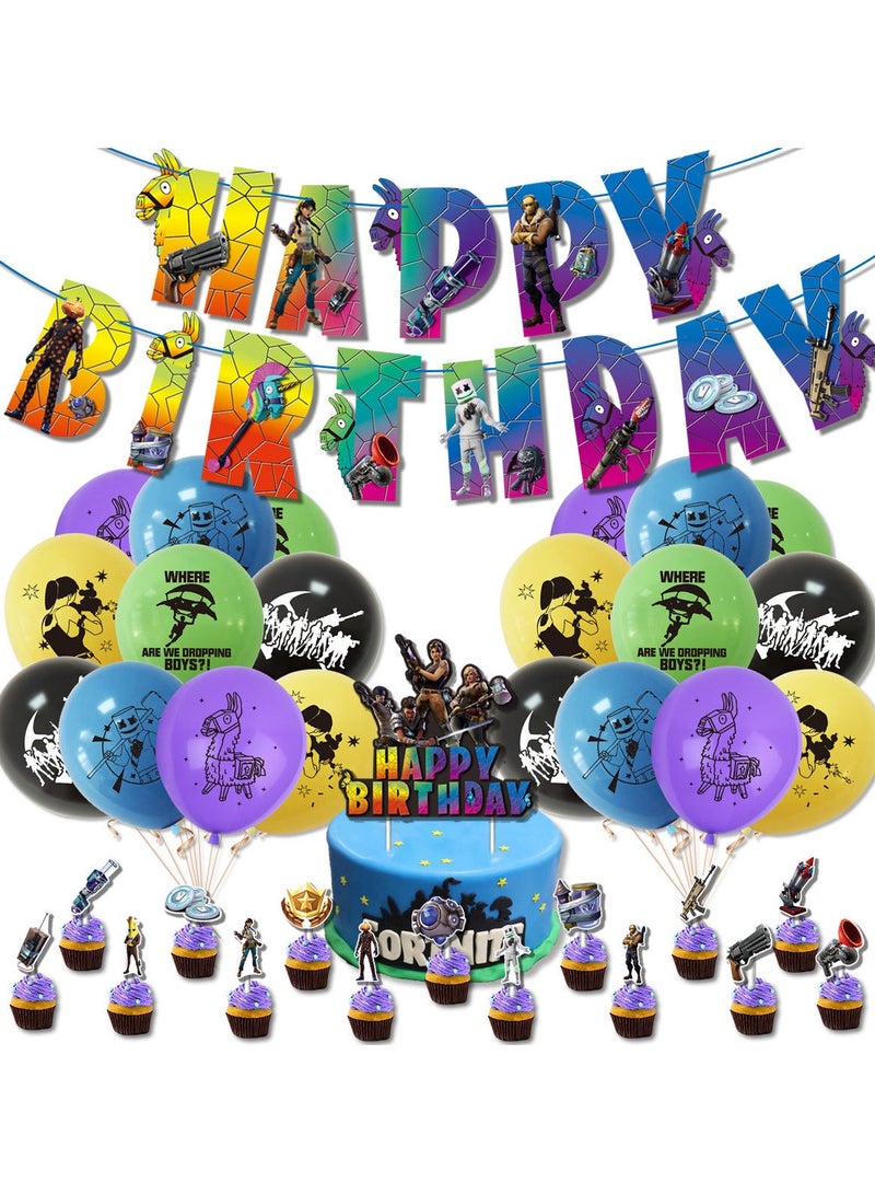 Fortnite game themed birthday party decoration set, happy birthday banner, bunting, cake decorations, balloons, boy girl birthday decorations - Image 1