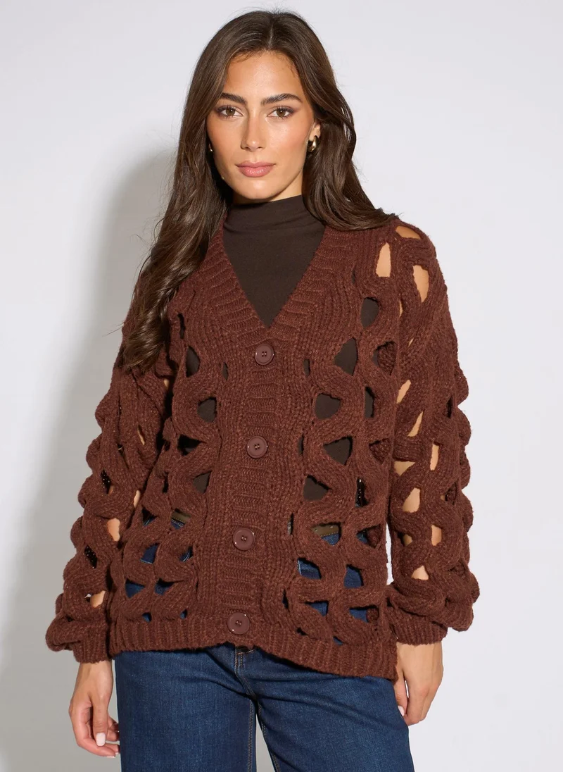 Gini London Rust Hollow Chunky Knit Cardigan