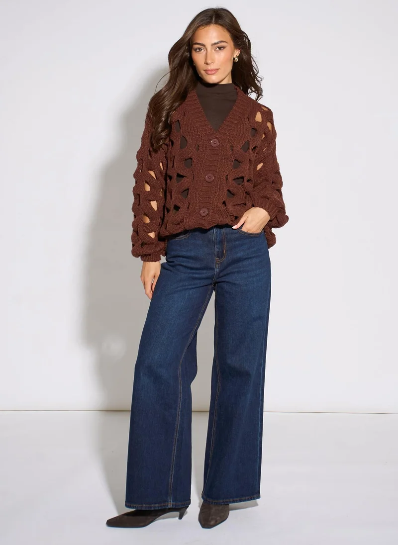 Gini London  Rust Hollow Chunky Knit Cardigan for Women | Best Price UAE