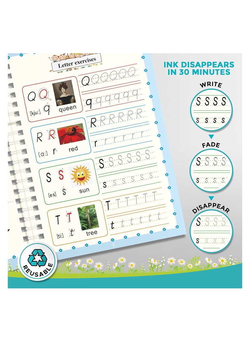 4 Magic Copybooks with Pens - Reusable Handwriting Tracing Practice Kit for Preschool Calligraphy and Grooved Template Design - Image 2