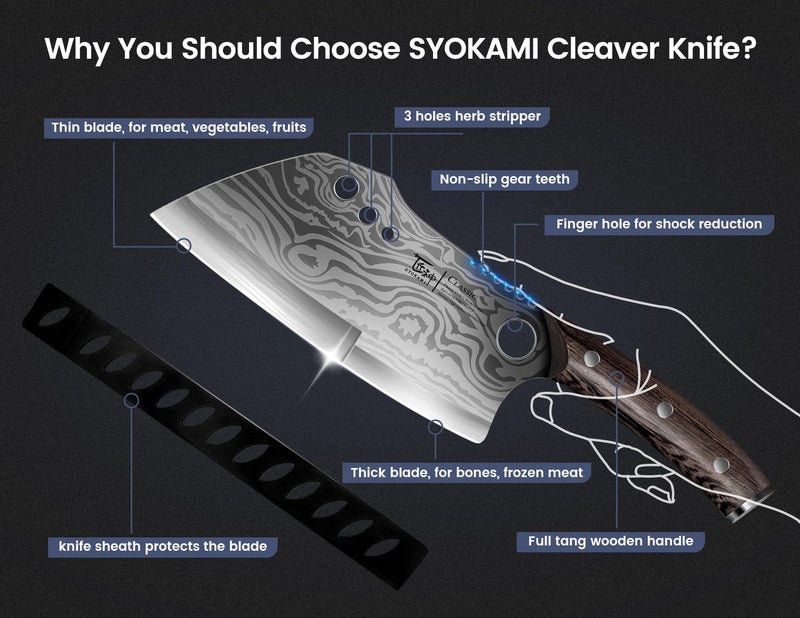 SYOKAMI Meat Cleaver Chef Knife with Sheath, 7.7 Inch Butcher Knife with Herb Stripper, Chopping Knife Heavy Duty Bone Cutting, Damascus Pattern Full Tang Wood Handle, Birthday Gift for Men - Image 2